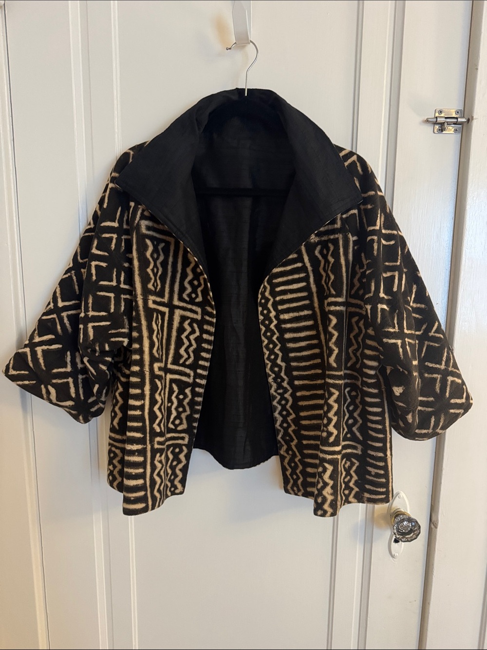 Reversible Black & Cream Geometric Mud Cloth Open-Front Women's Jacket